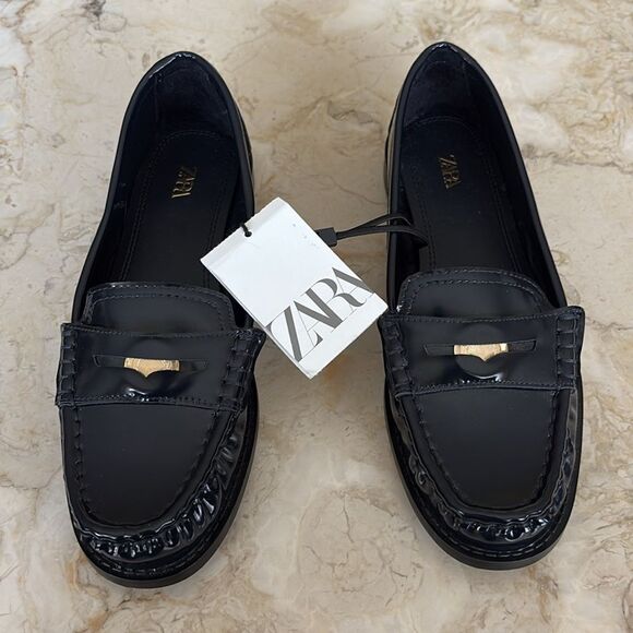 NWT Zara Classic Penny Loafers Blue Patent Faux Leather - Picture 2 of 10